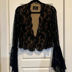Carmen Marc Valvo Small Black lace flared sleeve deep v blouse with tan lining